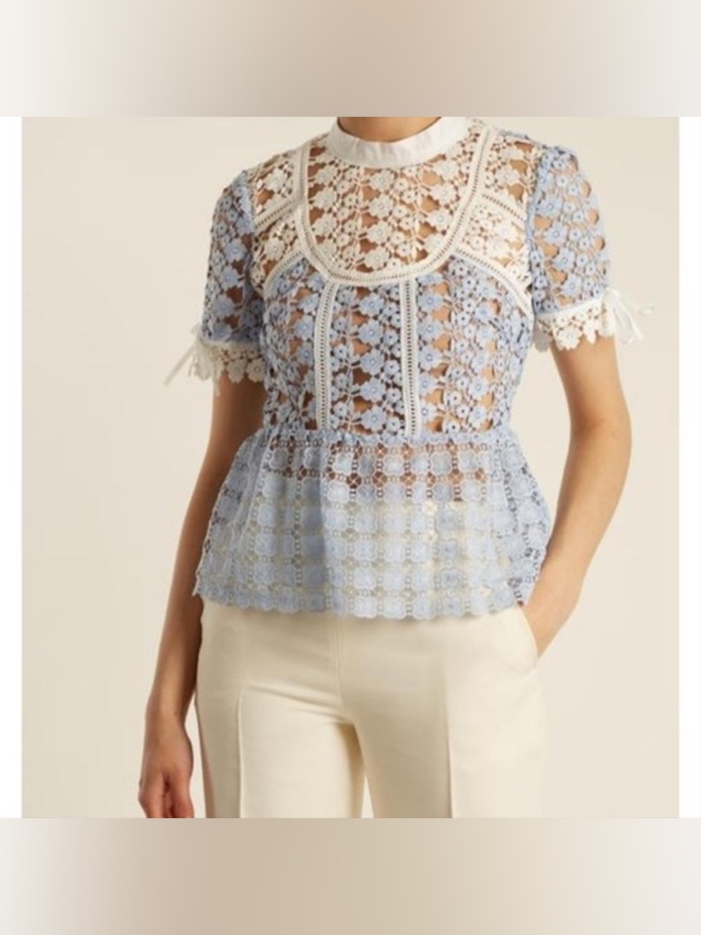 Self-Portrait Pale Blue and White Lace Peplum Blouse